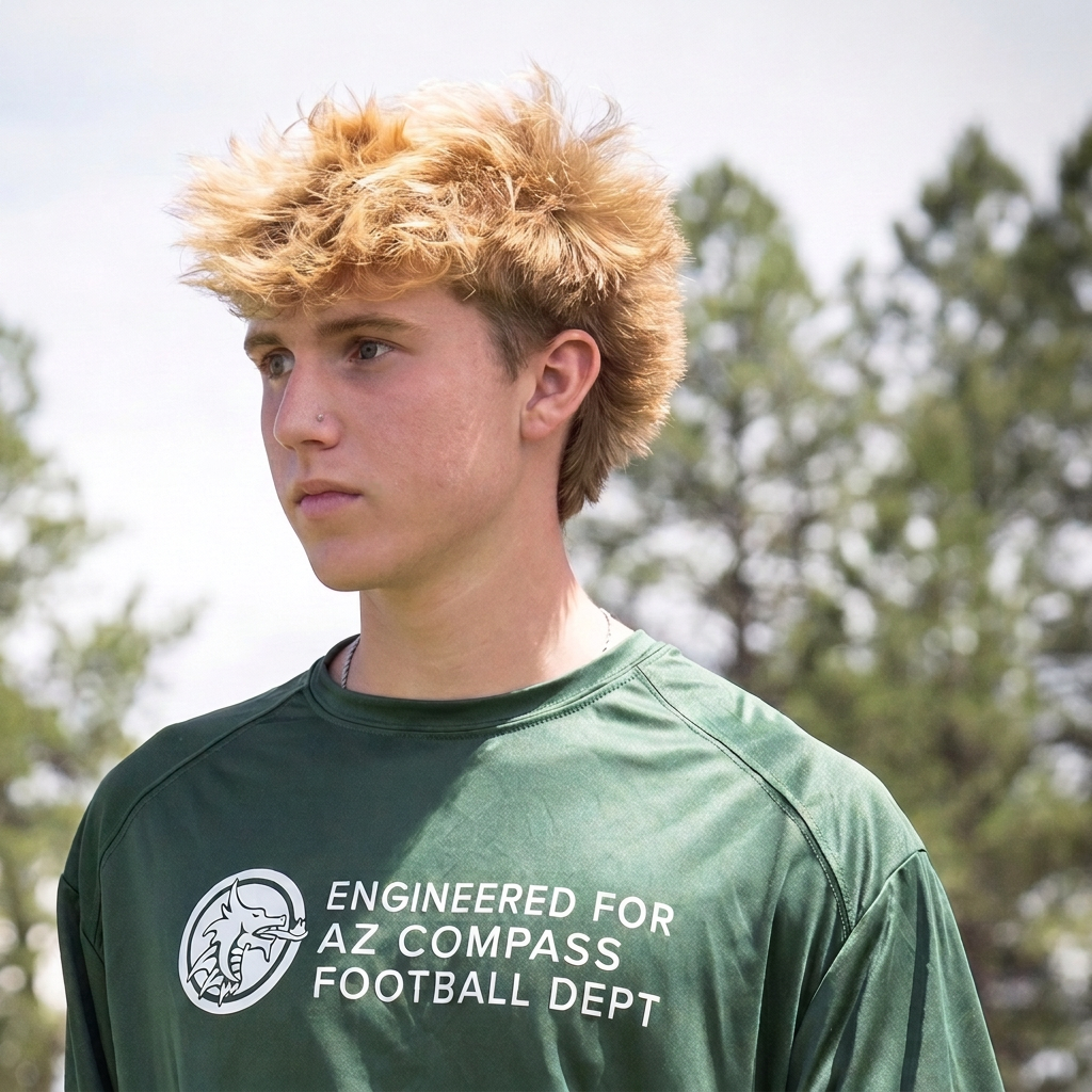 Head-and-shoulders portrait of Jax Snyder in his AZ Compass football shirt